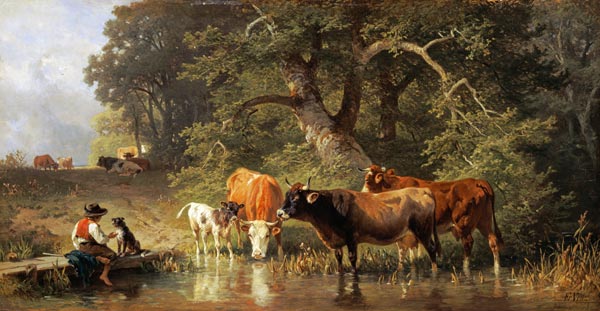 Cattle watering at a woodland pond à Johann Friedrich Voltz
