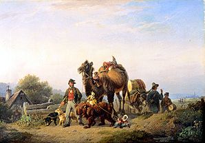 Peuple en marche avec des chameaux, petits singes et ours de dance à Johann Friedrich Voltz