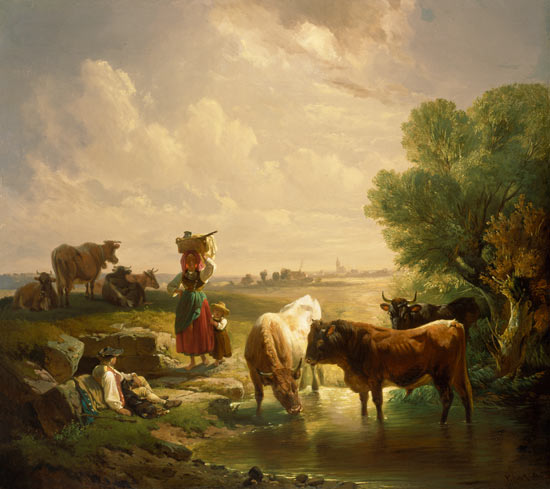 Famille de bergers avec des vaches à l'abreuvoir à Johann Friedrich Voltz