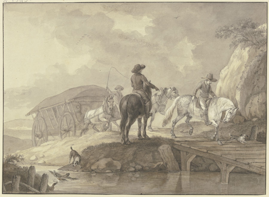 Ein mit Säcken beladener Lastwagen, begleitet von zwei Reitern und zwei Hunden, fährt über eine Brüc à Johann Georg Pforr
