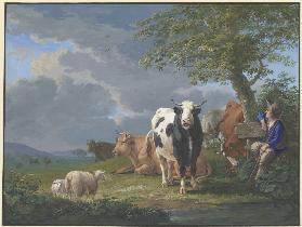Hirte unter einem Baum mit seiner Rinderherde und zwei Schafen