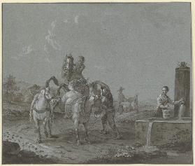 Knabe auf einem sich bäumenden Pferd, davor ein Knecht mit zwei Pferden, rechts eine junge Frau mit 