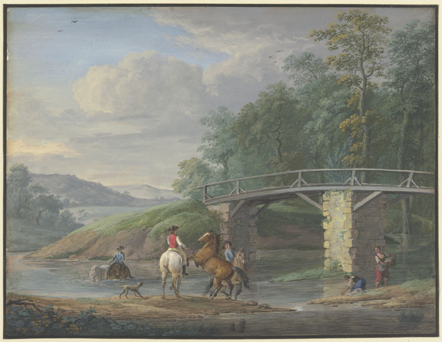 Pferde in der Schwemme bei einer Brücke, rechts zwei Wäscherinnen à Johann Georg Pforr