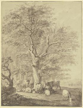 Rinderherde mit zwei Schafen und dem Hirten unter einer Eiche rastend