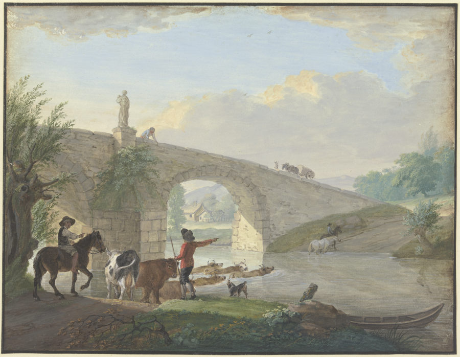 Viehherde mit zwei Hirten, bei einer Steinbrücke durch das Wasser schwimmend à Johann Georg Pforr
