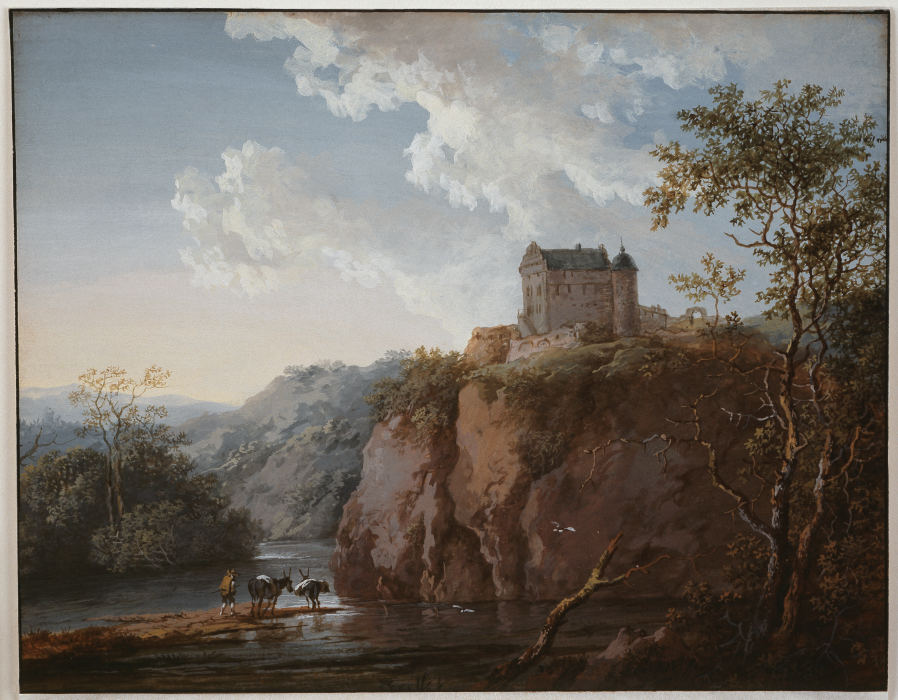 Burg auf einem Felsen über einem Flußtal à Johann Georg Wagner