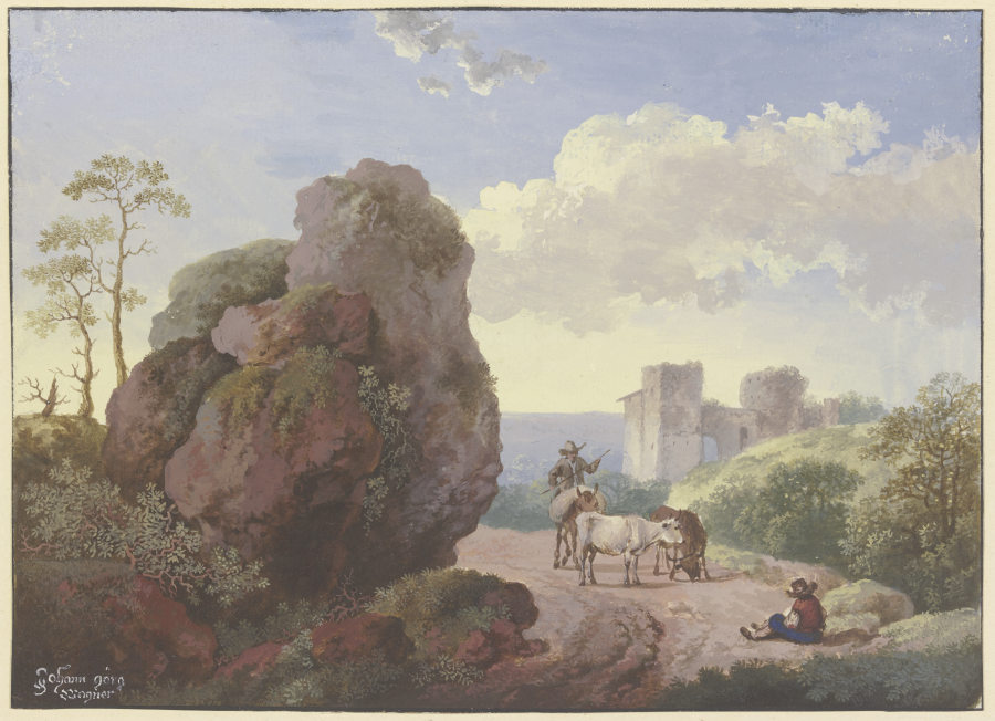 Ein großer Fels neben einem Weg mit Hirten und Vieh, rechts eine Ruine à Johann Georg Wagner