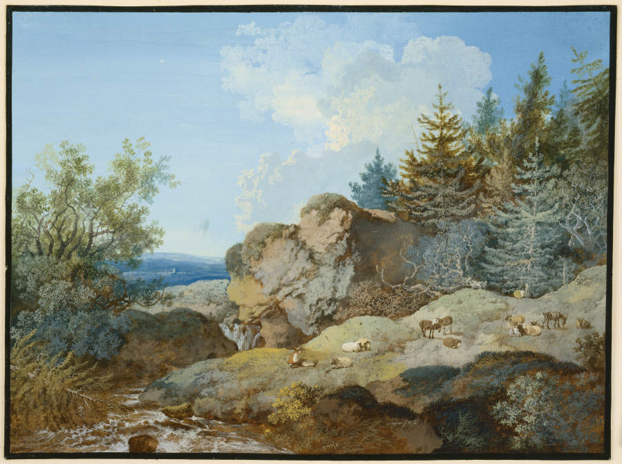 Waldlandschaft im Gebirge mit Herde und Gewässer à Johann Georg Wagner