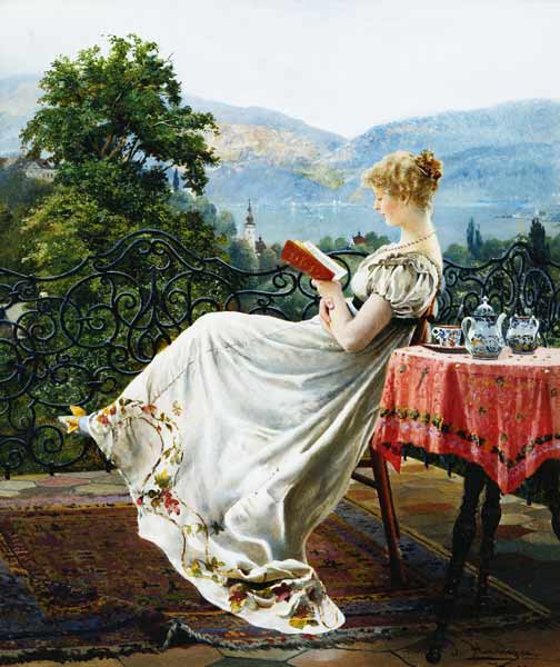 Lesende auf einer Terrasse. à Johann Hamza