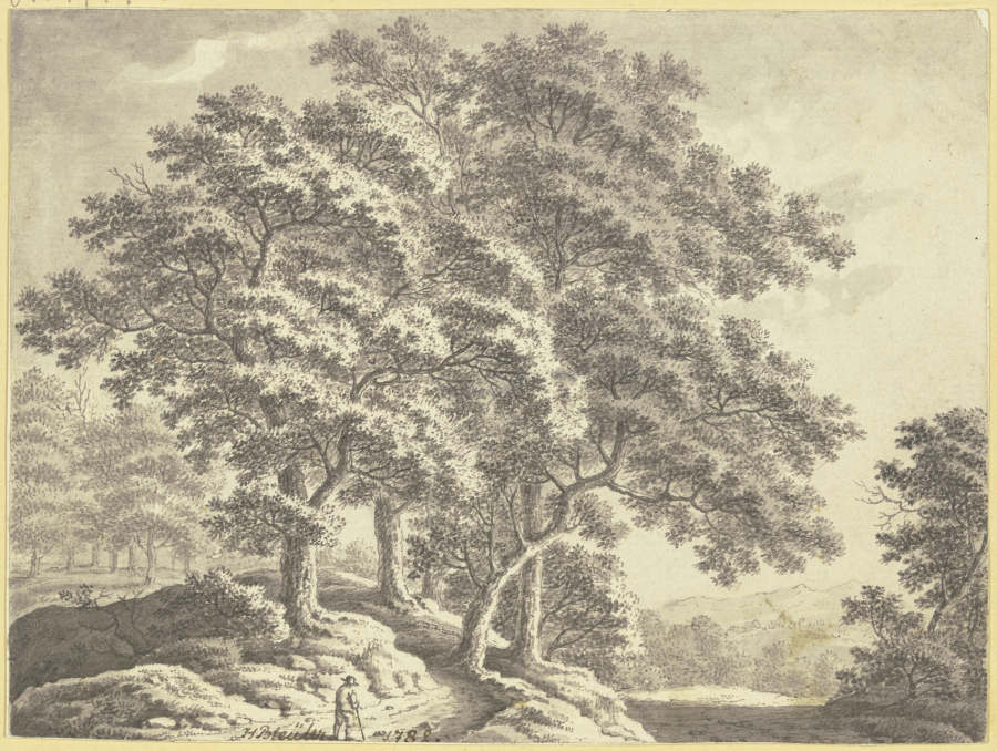 Hügelige Waldlandschaft mit einem Wanderer im Vordergrund à Johann Heinrich Bleuler
