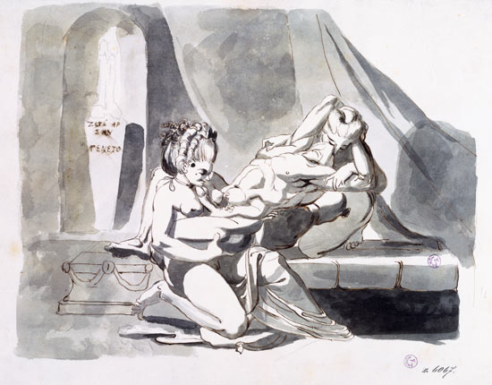 Erotic scene of a man with two women à Johann Heinrich Füssli