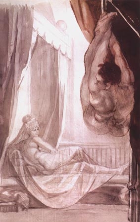 Brunhilde observe Gunther suspendu au plafond à Johann Heinrich Füssli