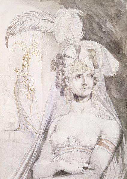 Half Figure of a Courtesan with Feathers, a Bow and a Veil in her Hair, 1800-10 (pencil, w/c and à Johann Heinrich Füssli