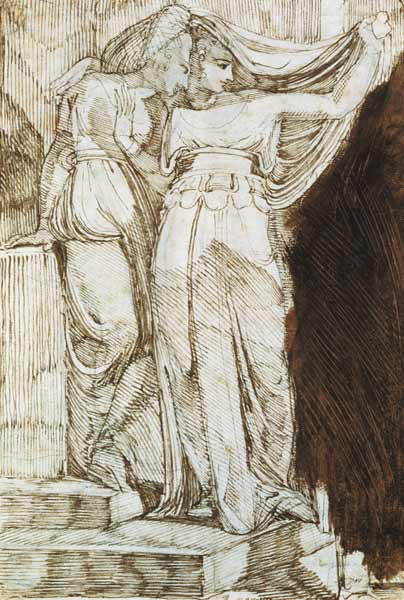 Two Female Figures Standing on Steps, Rome à Johann Heinrich Füssli