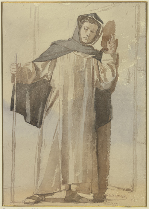 Mönch an einer Türe klopfend à Johann Heinrich Hasselhorst