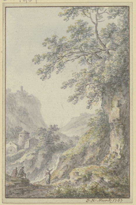 Blick in eine Berglandschaft mit einer Burg, im Vordergrund ein Hohlweg mit drei Figuren à Johann Heinrich Müntz