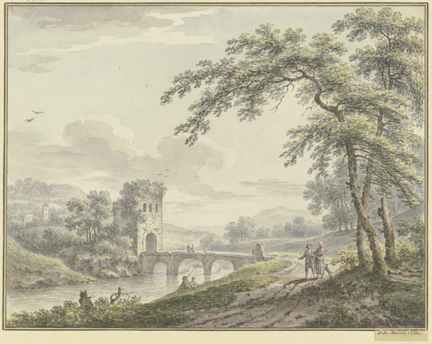 Landschaft mit einer Brücke und Turm, rechts unter einem Baum ein Paar mit einem Hund à Johann Heinrich Müntz