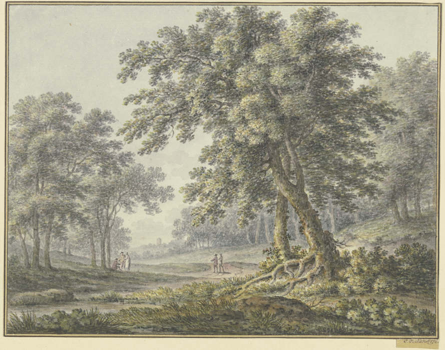 Waldpartie mit zwei Figurengruppen à Johann Heinrich Müntz