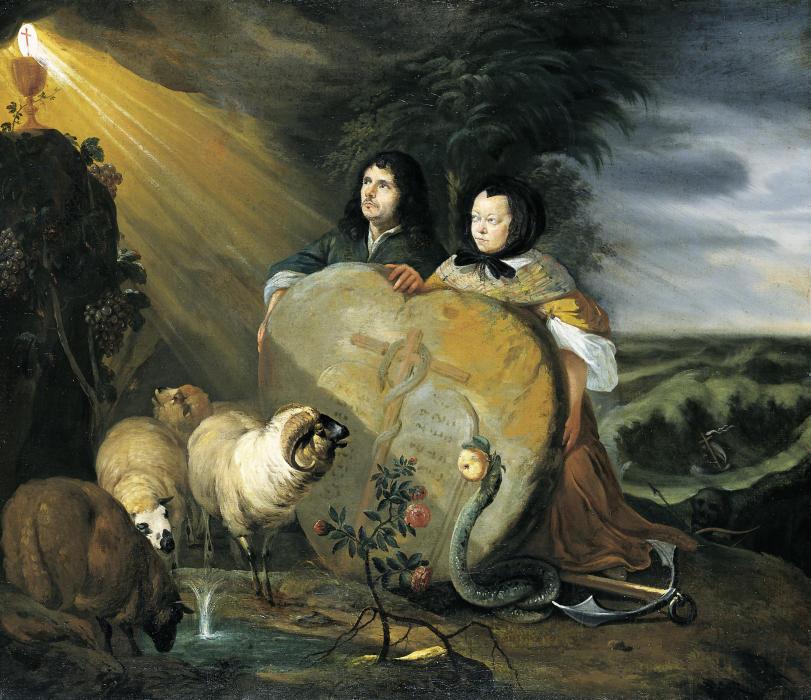 Self Portrait (?) with his Wife and Symbols of the Christian Faith à Johann Heinrich Roos