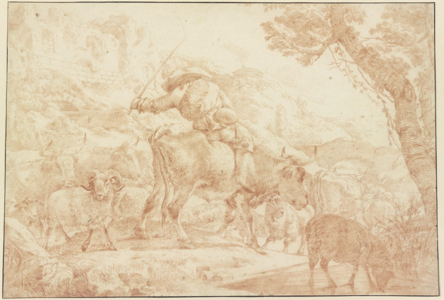 Ein auf einem Ochsen reitender Hirte treibt seine Herde heimwärts à Johann Heinrich Roos