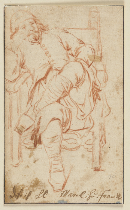 Ein Mann mit übereinandergeschlagenen Beinen auf einem Stuhl sitzend à Johann Heinrich Roos