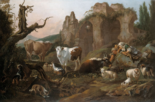 Farm animals in a landscape à Johann Heinrich Roos