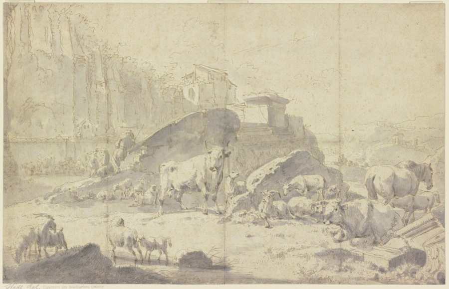 Herde von Ziegen, Schafen, Kühen und Pferden in einer italienischen Berglandschaft mit Ruinen à Johann Heinrich Roos
