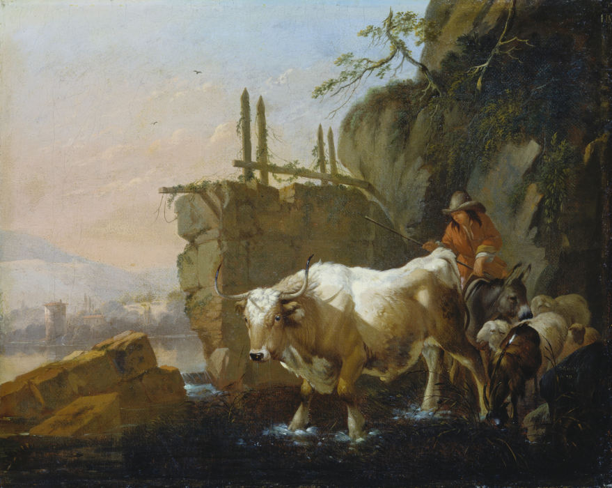 Herdsmen Driving Cattle through a Ford à Johann Heinrich Roos
