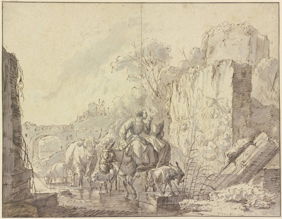 Hirtin und Hirte mit ihrer Herde in einer Ruinenlandschaft, ein antikes Fresko betrachtend à Johann Heinrich Roos