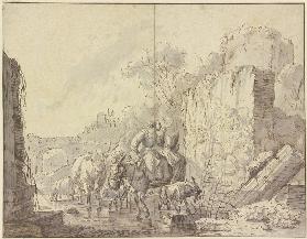 Hirtin und Hirte mit ihrer Herde in einer Ruinenlandschaft, ein antikes Fresko betrachtend