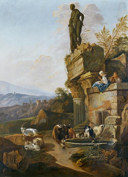 Landschaft mit Tempelruine in Abendstimmung à Johann Heinrich Roos