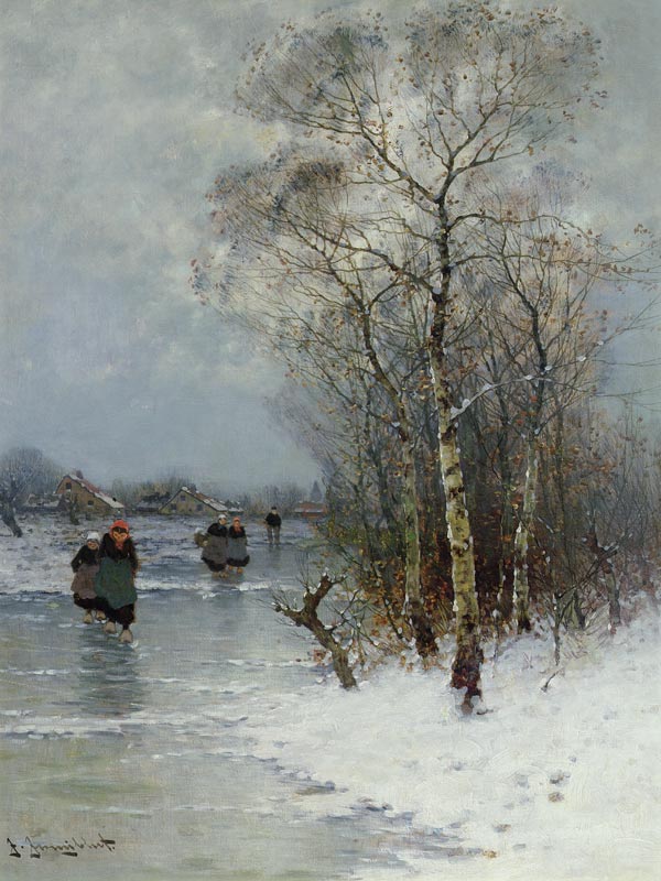 Girls Walking on a Frozen River à Johann II Jungblut