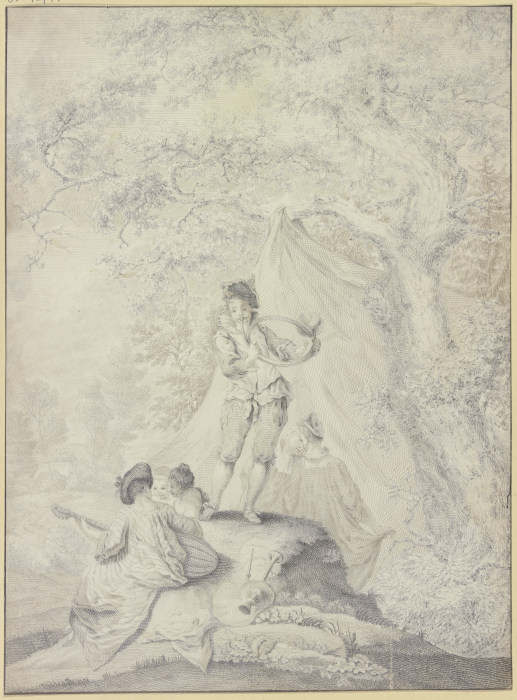 Ruhendes Paar unter einem Zelt an einem Eichenbaum, links eine Lautenspielerin mit zwei jungen Fraue à Johann Jacob Ebersbach