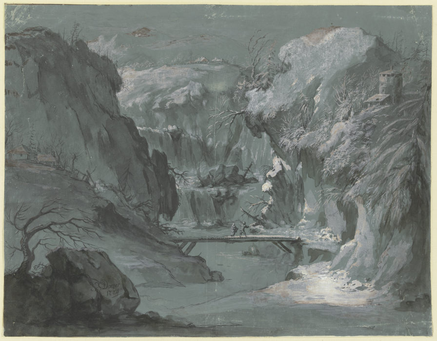 Tiefe Gebirgsschlucht mit einem Wasserfall, in der Mitte ein Steg, über den zwei Personen gehen à Johann Jakob Dorner l'Ancien