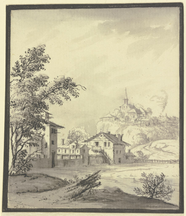 Houses next to a meadow à Johann Ludwig Aberli