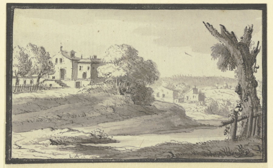 Landschaft mit Häusern auf einem Hügel am Wasser à Johann Ludwig Aberli