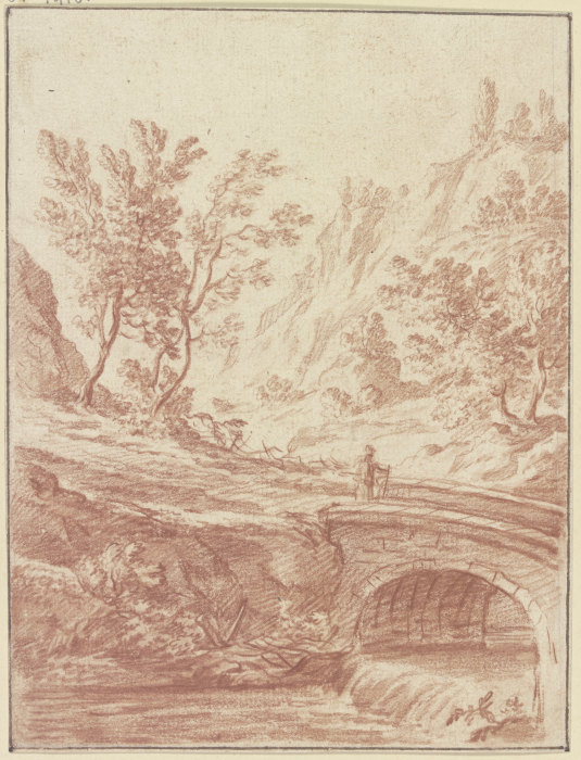 Baumbestandenes Tal, im Vordergrund ein Bach, über den eine Brücke führt à Johann Ludwig Ernst Morgenstern
