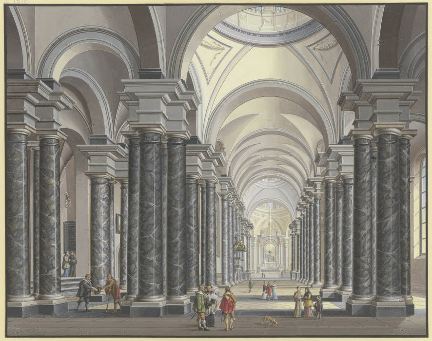 Blick in das Innere einer Barockkirche mit schwarzen Marmorsäulen und Staffagefiguren in der Tracht  à Johann Ludwig Ernst Morgenstern