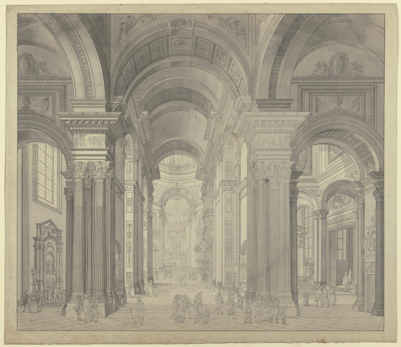 Blick in das Innere einer Barockkirche mit Staffagefiguren in der Tracht des 17. Jahrhunderts à Johann Ludwig Ernst Morgenstern