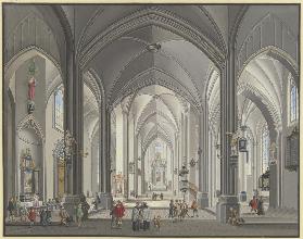 Blick in das Innere einer gotischen Hallenkirche mit vielen Staffagefiguren in der Tracht des 17. Ja