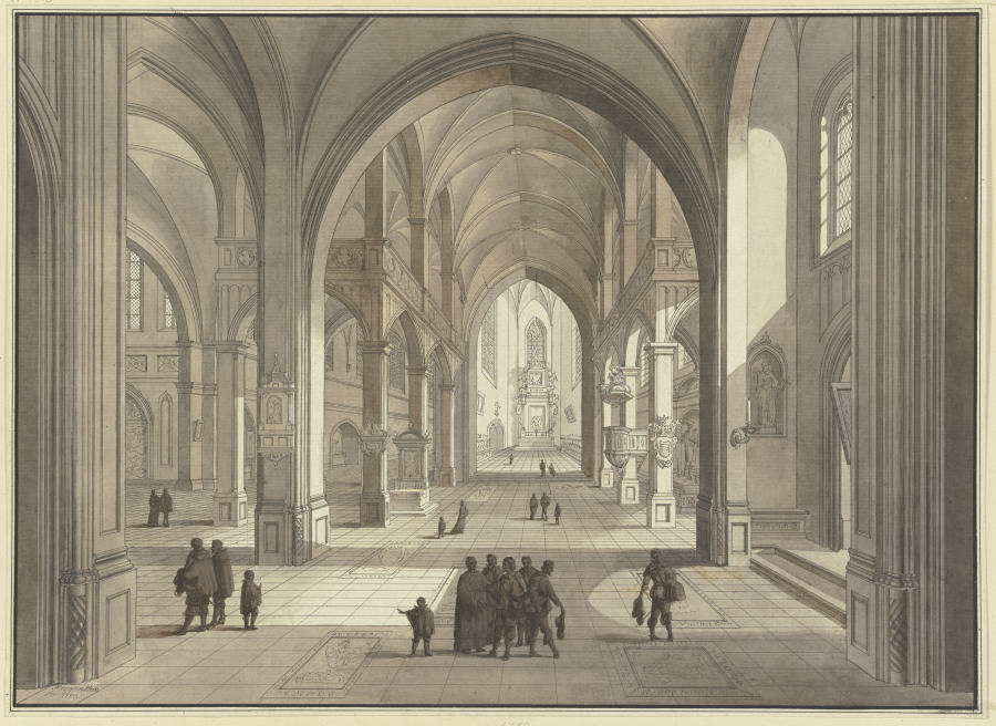 Blick in den Chor einer dreischiffigen gotischen Kirche, im Vordergrund Figurengruppen in der Tracht à Johann Ludwig Ernst Morgenstern