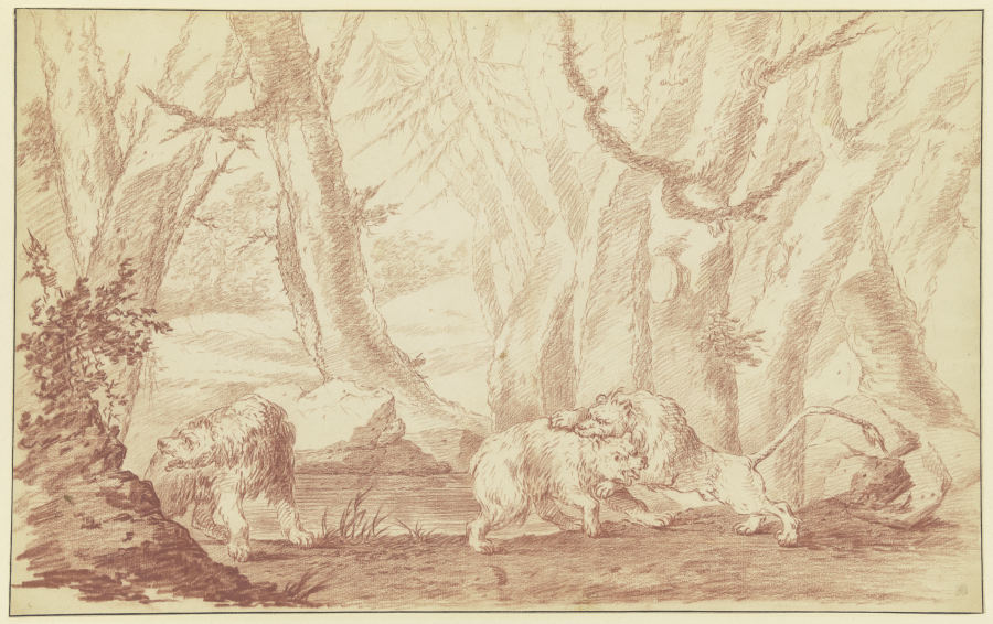 Zwei Bären, der eine von einem Löwen angegriffen à Johann Ludwig von Pfeiff