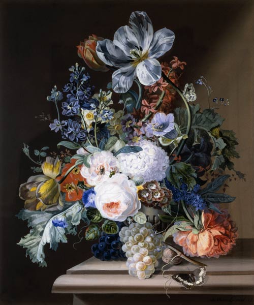 bouquet de fleurs avec un papillon et des raisins à Johann Oberer