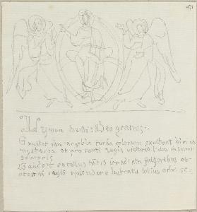 Christus in einer Mandorla, von zwei Engeln flankiert, aus einer Pergamentrolle, welche sich in der 