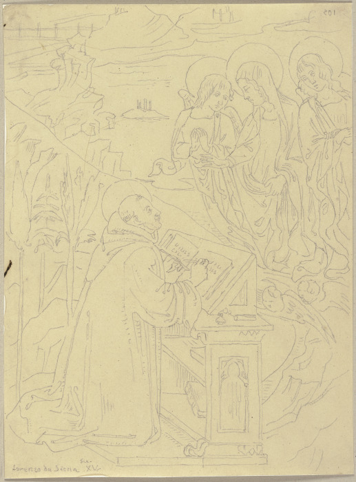 Ein Heiliger am Schreibpult hat eine Vision von der von zwei Engeln begleiteten Maria à Johann Ramboux