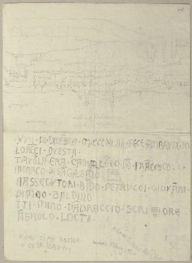 Skizzenhafte Ansicht von Siena sowie die Nachschrift einer Inschrift