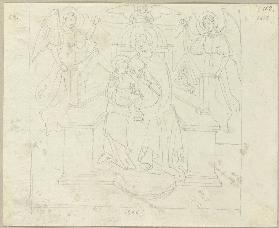 Thronende Madonna mit Kind und Engeln aus einem Fresko von 1506 in einer Kirche zu Caprigione (?)