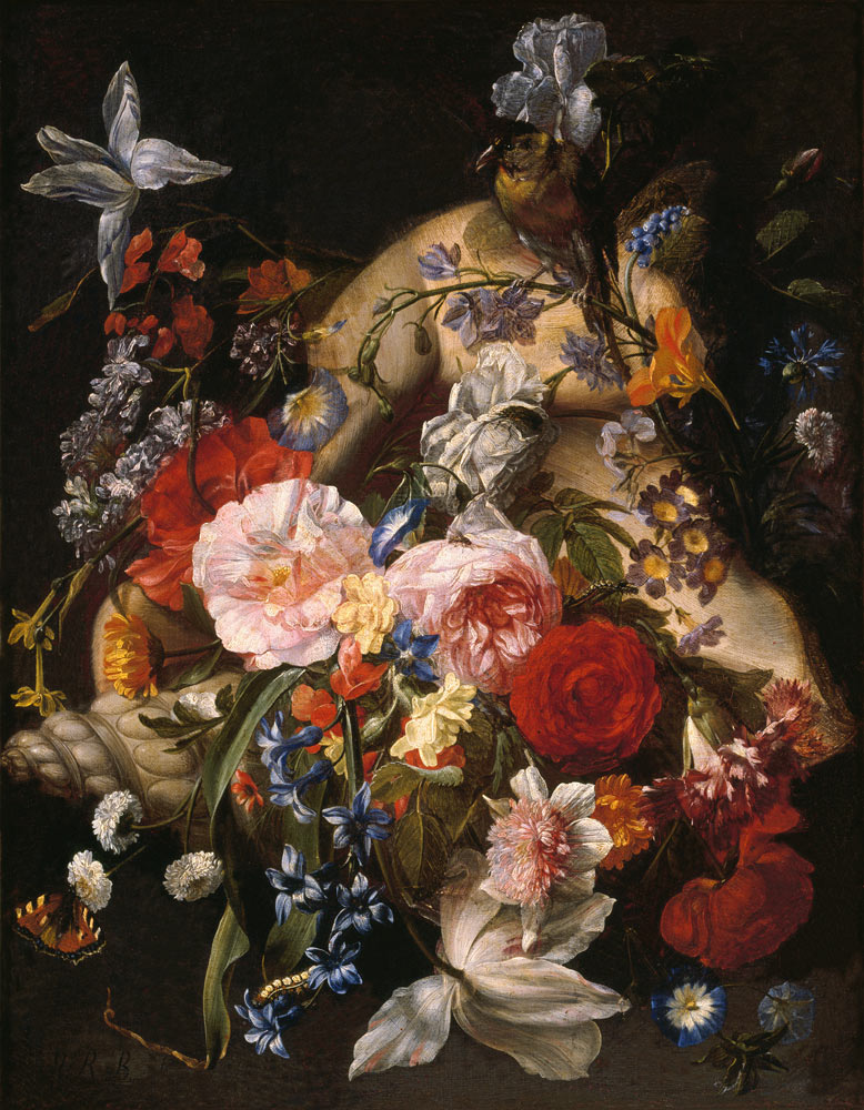 Stillleben mit Blumen in einer exotischen Muschel à Johann Rudolf Byss