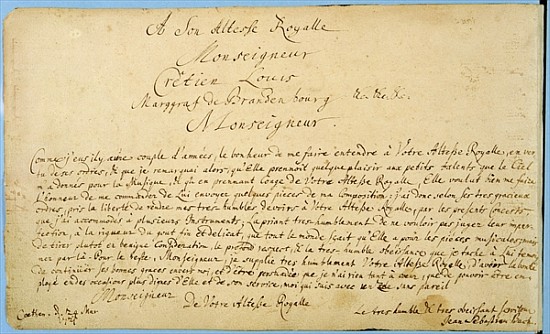Handwritten dedication of ''Brandenburger Concertos'' to Christian Ludwig, Margrave of Brandenburg 2 à Johann Sebastian Bach