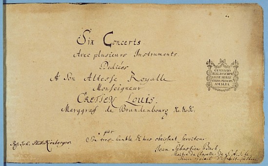 Title page of the ''Brandenburg Concertos'', c.1721 (pen and ink on paper) (see also 308426 and 3084 à Johann Sebastian Bach